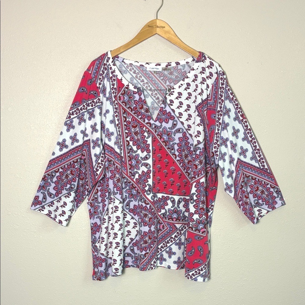 CALVIN KLEIN 3X Plus Paisley Print Stretch Knit 3/4 Sleeve Pullover Blouse